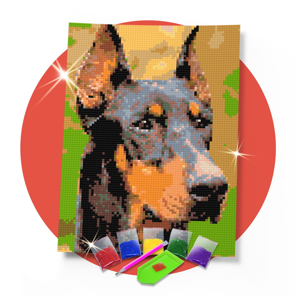 Kit Pintura com Diamantes | Dog Doberman 21x30cm - Diamante Redondo | Diamond Painting 5D DIY
