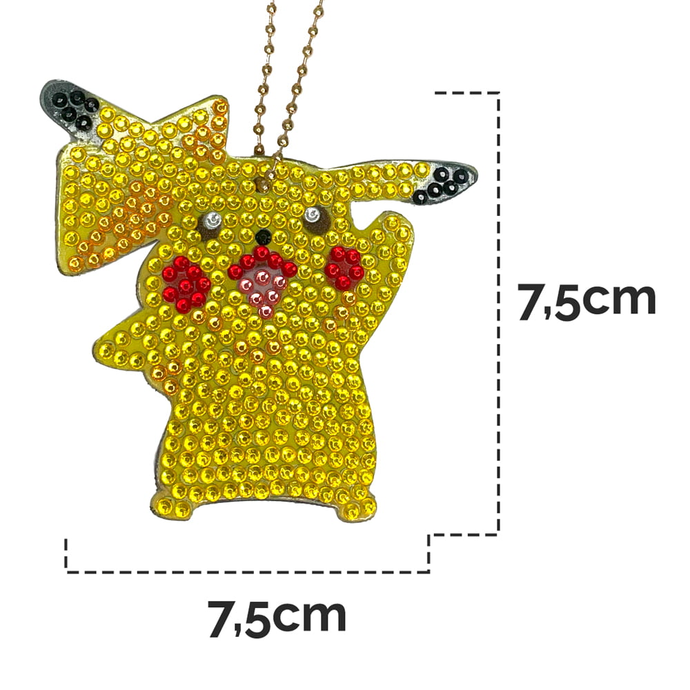 Kit Pintura com Diamantes, Chaveiro Desenho Animado Pikachu 7,5x7,5cm -  Diamante Redondo
