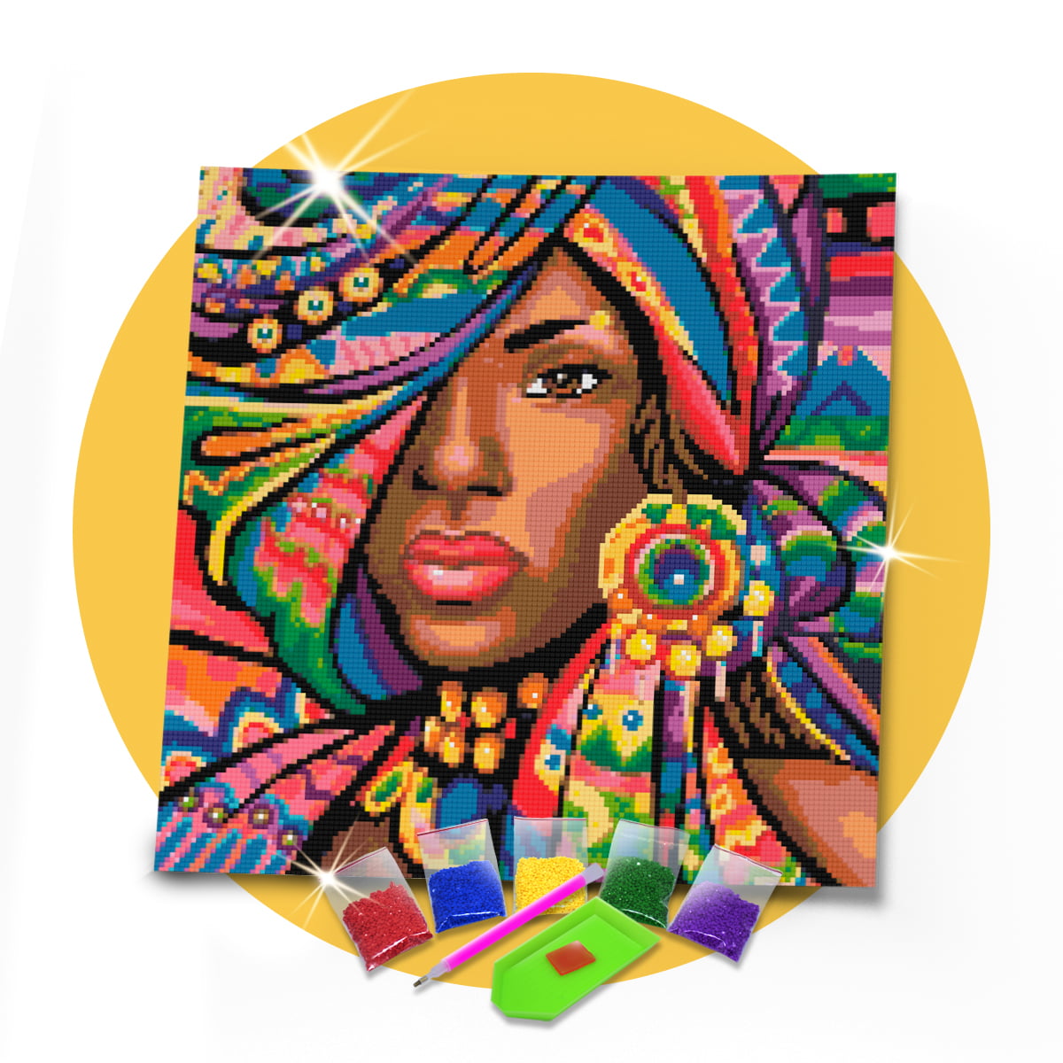 Kit Pintura com Diamantes | Tela Africana - 40 x 40 cm - Diamante Redondo | Diamond Painting 5D DIY