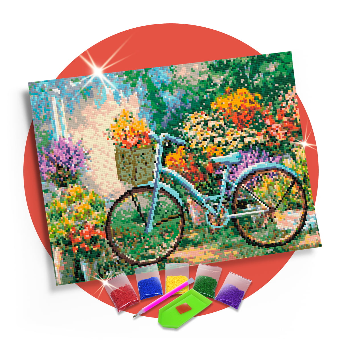 Kit Pintura com Diamantes | Tela Bicicleta nas Flores - 42 x 30 cm - Diamante Redondo | Diamond Painting 5D DIY