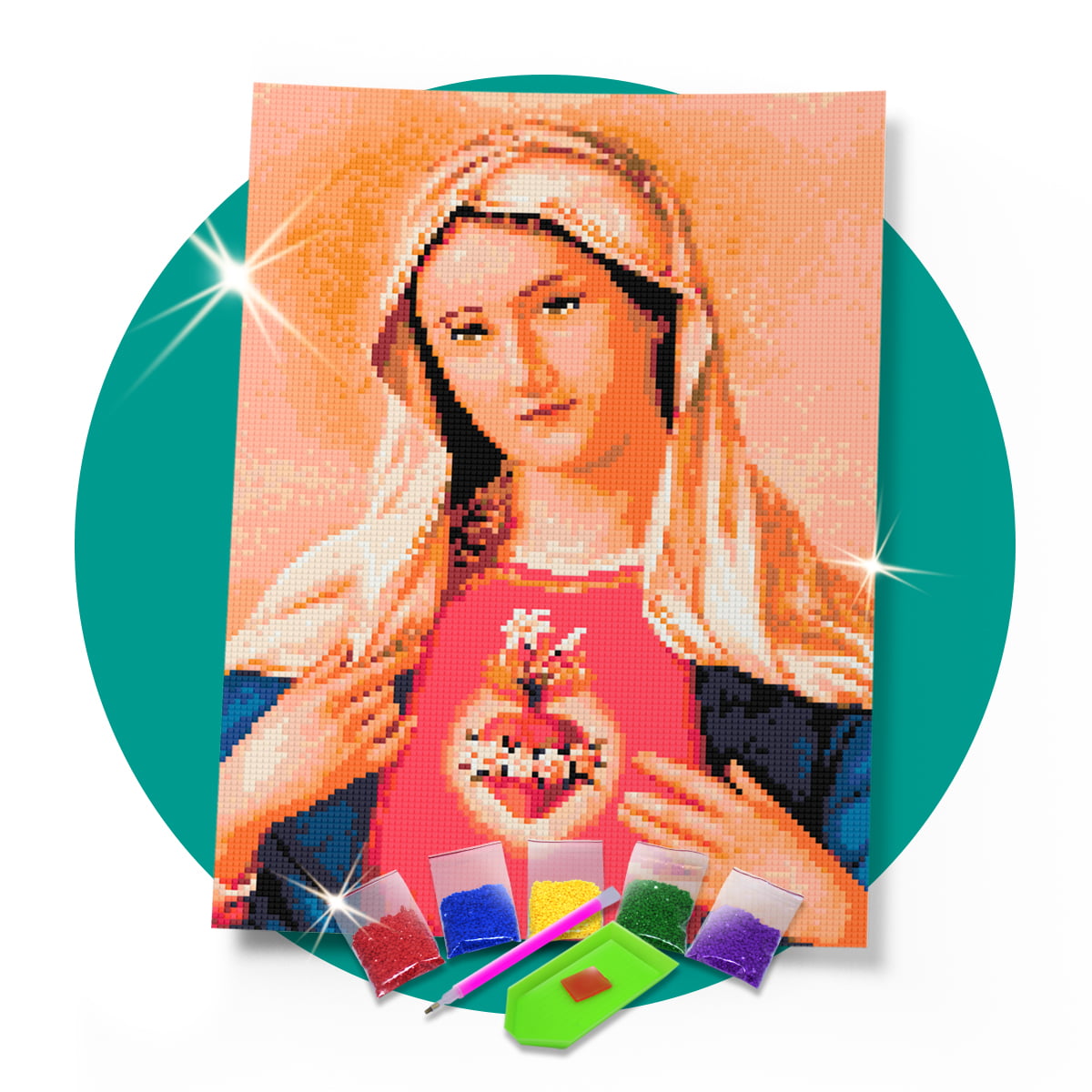 Kit Pintura com Diamantes | Tela Sagrado Coração de Maria - 30 x 42 cm - Diamante Redondo | Diamond Painting 5D DIY