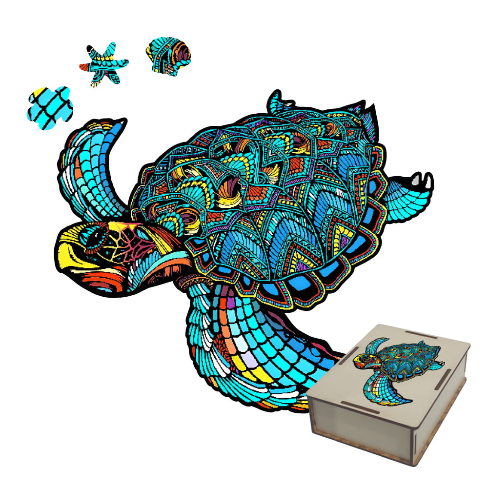 Arquétipos de Madeira | Quebra-Cabeça Tartaruga Azul 100 peças - Pintura Diamante - Diamond Painting 5D