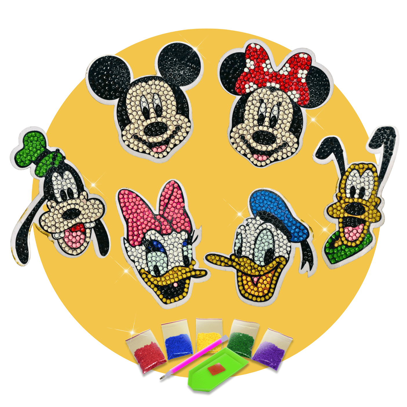 Kit Pintura com Diamantes | Stickers Personagens Mickey Mouse 6Un. - Diamante Redondo | Diamond Painting 5D DIY - Pintura Diamante - Diamond Painting 5D