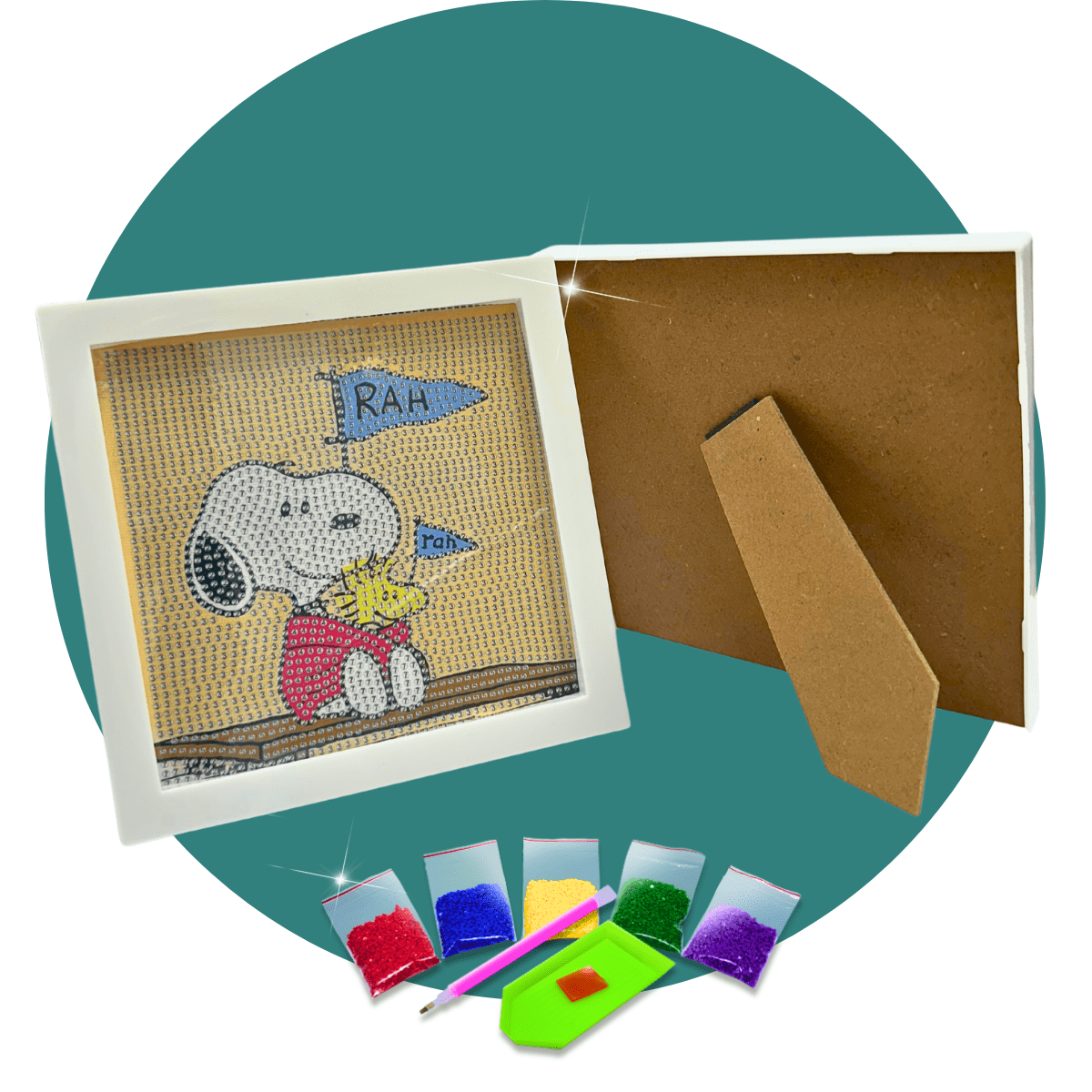 Kit Pintura com Diamantes | Tela Snoopy Fofo 15x15cm com Moldura/Porta Retrato | Diamond Painting 5D DIY - Pintura Diamante - Diamond Painting 5D