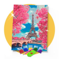 Kit Pintura com Diamantes | Tela Primavera em Paris Torre Eiffel - 42 x 60 cm - Diamante Redondo | Diamond Painting 5D DIY 