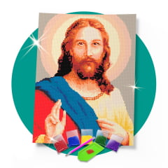 Kit Pintura com Diamantes | Tela Sagrado Coração de Jesus - 30 x 42 cm - Diamante Redondo | Diamond Painting 5D DIY