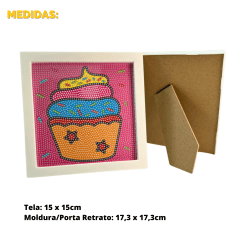 Kit Pintura com Diamantes | Tela Cupcake 15x15cm com Moldura/Porta Retrato | Diamond Painting 5D DIY